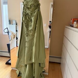 Olive Green Floral Appliqué Gown